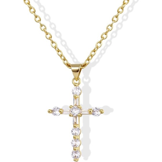 KissYan Cross Necklace for Women, 14K Gold Plated Cubic Zirconia Faith Pendant Dainty Religious Jewelry Gifts