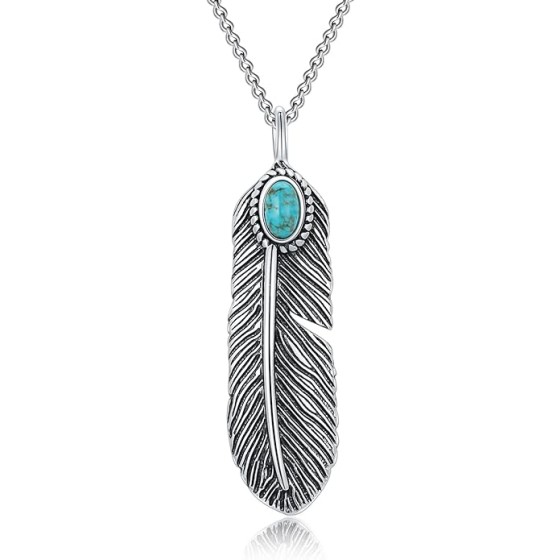 Genuine Turquoise Necklace for Women Native American 925 Sterling Silver Feather Pendant for Mom Wife Her Western Style Boho Jewelry