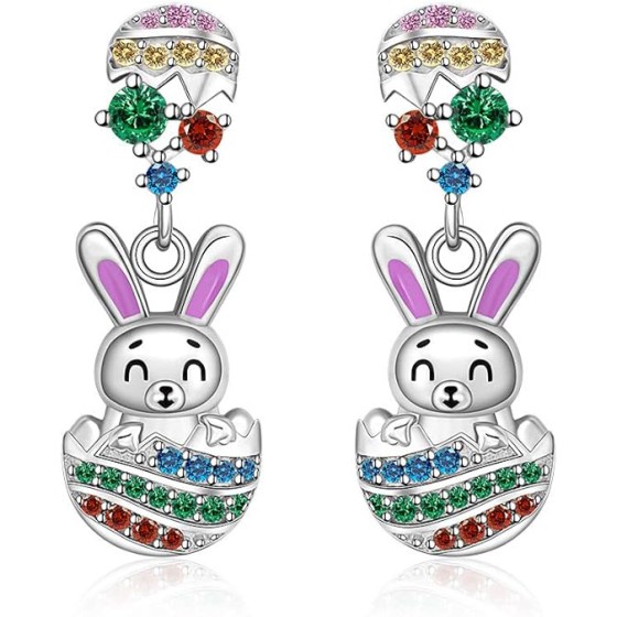 Easter Bunny Earrings Earring S925 Sterling Silver Cute Dangle for Women Colorful CZ Animal Egg