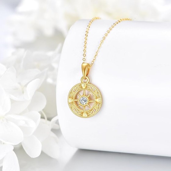 ELFRONT 14K Solid Gold Compass Necklace for Women Moissanite Compass Pendant Necklace Inspirational Graduation Jewelry Gifts for Her