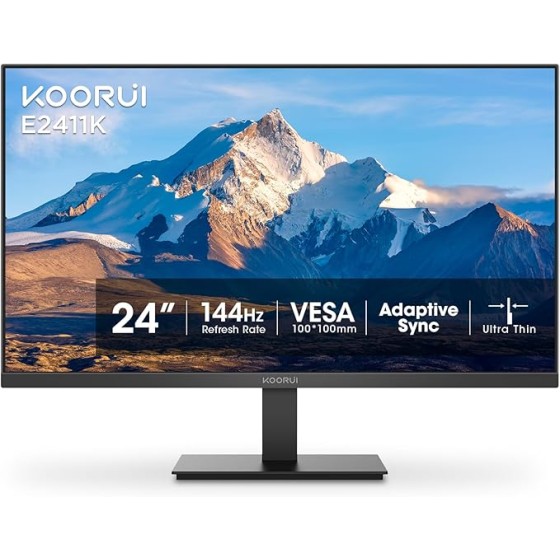 KOORUI 24 Inch Gaming Monitor, FHD 1080P 144Hz Monitor, IPS Display, Free-sync Compatible, 99% SRGB Color Gamut VESA 100 * 100mm Eye Care, Ultra-Slim Frame, Black, E2411K