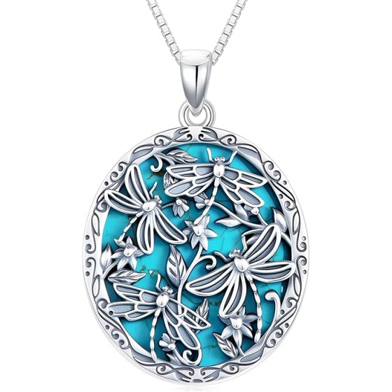 Genuine Turquoise Dragonfly Necklace, Sterling Silver Boho Native American Western Pendant Jewelry Birthdays Gift for Women