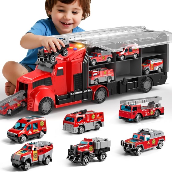 Fire Trucks Toy Set with Play Mat, Carrier Truck Play Vehicles Set
