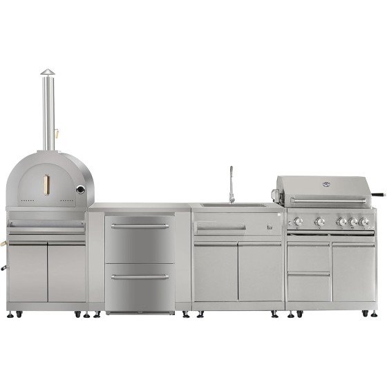 SINDA 6 Piece Stainless Steel Gas Outdoor Kitchen Suit, w/Pizza Oven, 4 Burner Propane Gas Grill, BBQ Grill Cabinet, 24 Inch Undercounter Refrigerator, Fridge Cabinet, Single Sink Cabinet