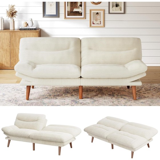Marsail Futon Sofa Bed, Futon Couch with Adjustable Backrest & Armrests, Convertible Small Sleeper Sofa Bed for Small Apartments, Study Room, Office, Corduroy Loveseat, Beige