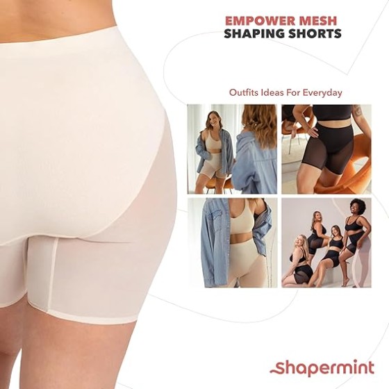 SHAPERMINT Compression Shorts - High Waisted Women Mesh Body Shaper Shorts - Under Dress Shapewear Shorts, No Chub Rub