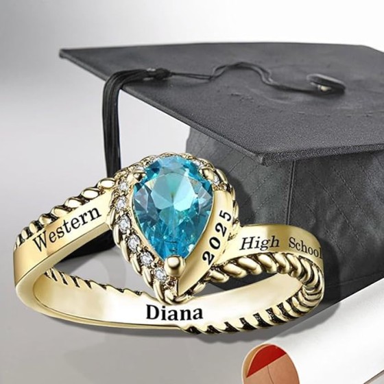10K/14K/18K Solid Gold Custom High School College 2025 Graduation Class Ring Personalized Birthstone Band with Engraved Name Gifts for Graduates for Daughter Her Women
