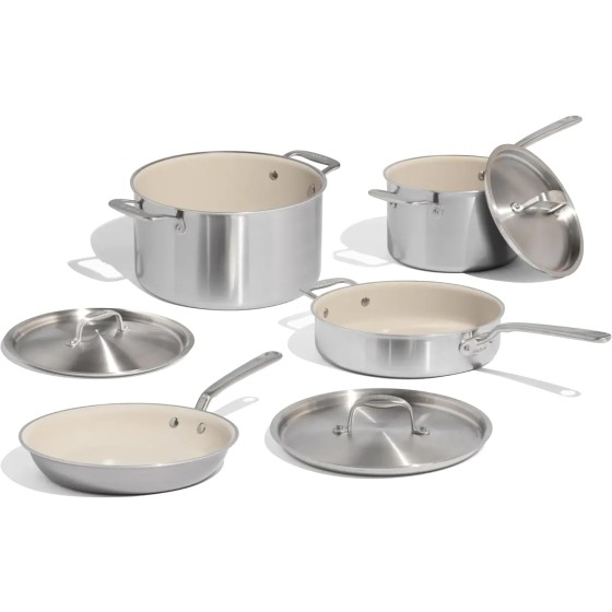 Made In Cookware - 7-Piece Ceramic Non Stick Pot and Pan Set (Stainless Handle) - 5-Ply Stainless Clad - Professional Cookware - Crafted in Italy - Induction Compatible