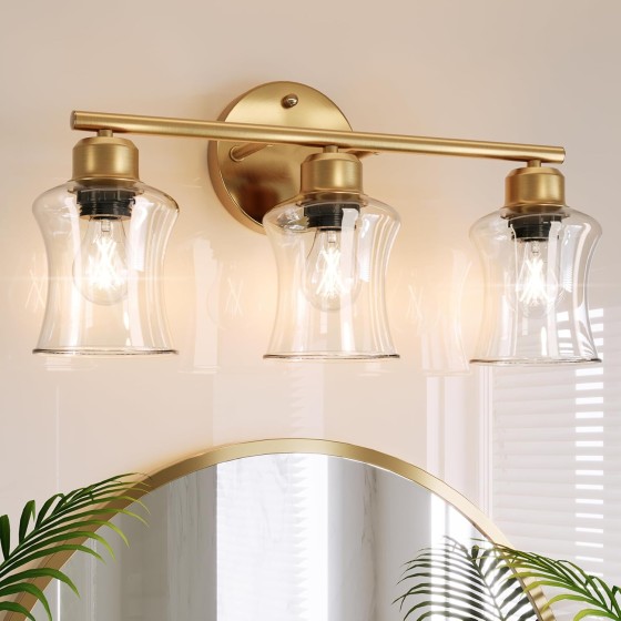 Tribesigns 3-Light Gold Bathroom Light Fixtures, Modern Wall Lights with Clear Glass Shades, Bathroom Vanity Gold Wall Sconce Lamp for Mirror Bedroom Living Room Hallway Cabinet (E26 Base)