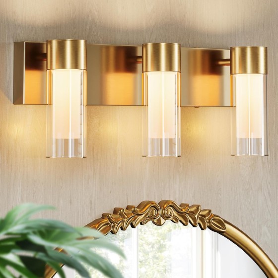 Tribesigns LED Bathroom Light Fixtures, 3-Light Vanity Lights Over Mirror, Wall Lights with 3 Color Modes & Gold Finish, Wall Sconces with Clear Glass Shades for Bathroom Hallway Bedroom