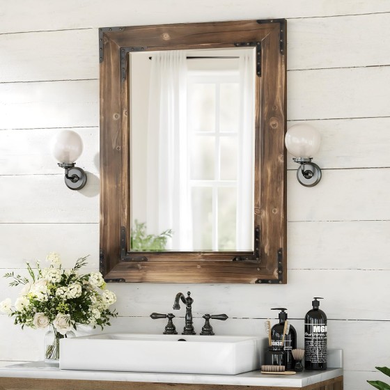24" x 36" Rustic Wood Bathroom Mirror, Industrial Farmhouse Wall Mirror with Metal Accents, Rectangle Decorative Mirror for Entryway or Living Room, Walnut Brown